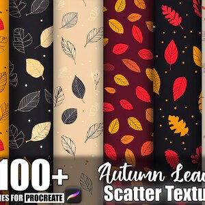 Op de afbeelding: Een verzameling digitale Procreate-penselen met herfstbladpatronen in rood, geel en zwart. De afbeelding toont verschillende ontwerpen en bevat de tekst "100+ Brushes for Procreate" en "Autumn Leaves Scatter Texture."