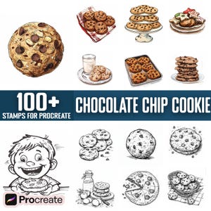 May include: A set of 100+ chocolate chip cookie stamps for Procreate. The stamps feature various styles of cookies, including single cookies, stacks of cookies, and cookies on plates. The stamps are perfect for creating digital art and designs.