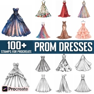 May include: A collection of 100+ digital stamps featuring various prom dress designs. The stamps are designed for use with the Procreate app. The designs include both watercolor and line art styles.