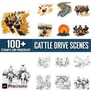 Puede incluir: Un conjunto de más de 100 sellos digitales para Procreate con ilustraciones en blanco y negro de recorridos de ganado, vaqueros y paisajes. El texto "100+ Cattle Drive Scenes Stamps for Procreate" se muestra en la parte superior de la imagen.