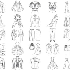 Pu&ograve; includere: Una collezione di disegni a linea di vari capi di abbigliamento, tra cui abiti, completi, gonne e scarpe. I disegni sono in bianco e nero e su sfondo bianco.