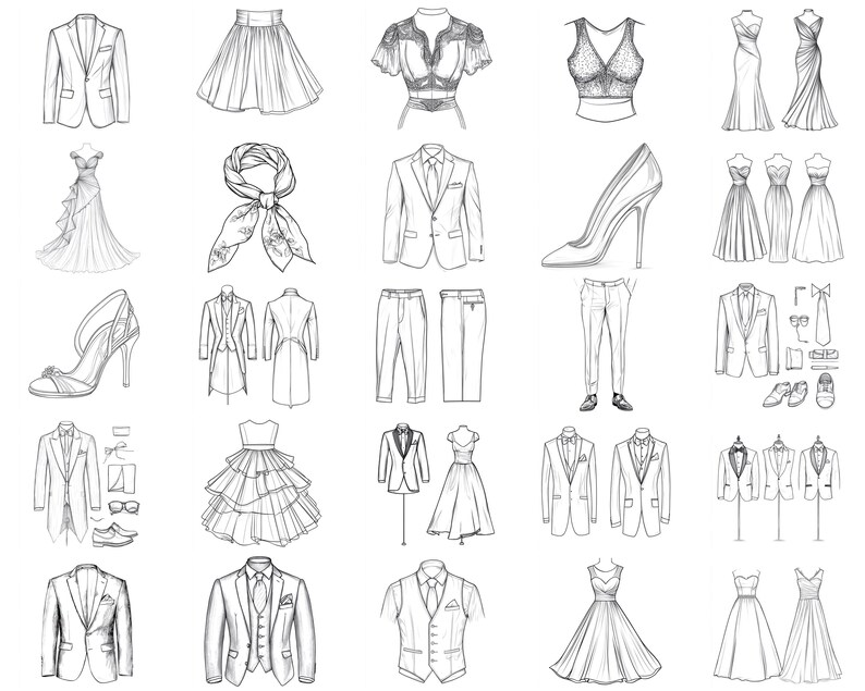 Pu&ograve; includere: Una collezione di disegni a linea di vari capi di abbigliamento, tra cui abiti, completi, gonne e scarpe. I disegni sono in bianco e nero e su sfondo bianco.