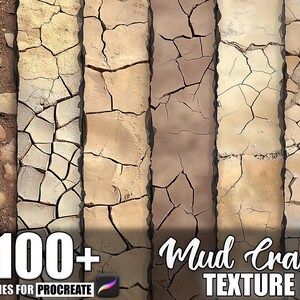 May include: An image showcasing a collection of mud crack textures in various shades of brown and tan. The image includes the text "100+ Brushes for Procreate" and "Mud Crack Texture". The textures are ideal for digital art projects.