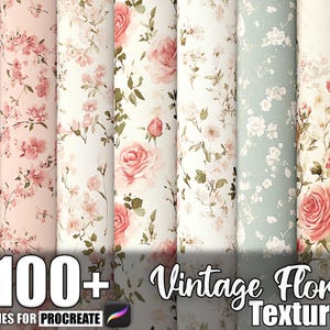 Può includere: Una collezione di texture floreali vintage in vari colori, tra cui rosa, bianco e azzurro. L'immagine mostra diversi rotoli di tessuto con diversi motivi floreali, come rose e altri fiori. Il testo sull'immagine recita "100+ Vintage Floral Texture Brushes for Procreate."