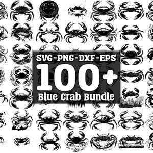 May include: A collection of 100+ blue crab illustrations in various poses, perfect for crafting projects, scrapbooking, and digital design. The illustrations are in SVG, PNG, DXF, and EPS formats.