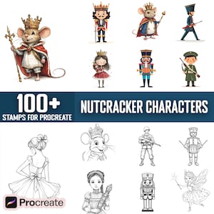 Może przedstawiać: Zestaw ponad 100 cyfrowych znaczków do Procreate z postaciami z Dziadka do Orzechów. Znaczek zawiera różne postacie, w tym króla myszy, żołnierza Dziadka do Orzechów, baletnicę i wróżkę. Znaczek idealnie nadaje się do tworzenia świątecznych wzorów.