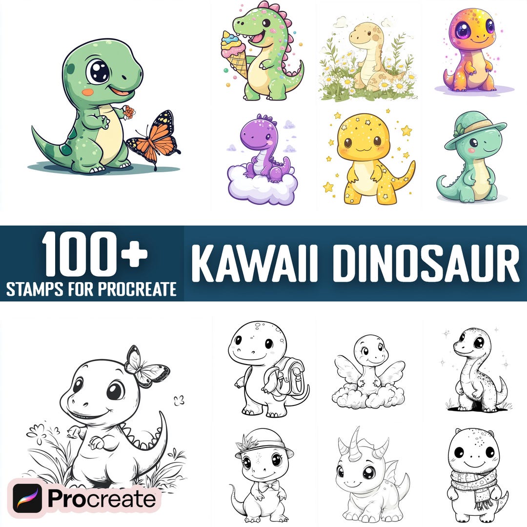 100+ Kawaii Dinosaur Procreate Stamps, Brushes for Procreate, Instant ...