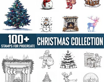 May include: A collection of 100+ Christmas themed stamps for Procreate, featuring illustrations of a snowman, Santa Claus, a gingerbread house, a reindeer, a fireplace, a Christmas tree, and more.