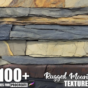 Peut inclure: Texture de pierre en couches avec des couleurs variées, notamment du gris, du marron et du beige. L'image contient le texte "100+ Brushes for Procreate" et "Rugged Mountain Texture."