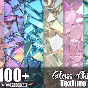 Peut inclure: Graphique d'art numérique présentant une mosaïque de textures de verre brisé de différentes couleurs. L'image comprend le texte « 100+ Brushes for Procreate » et « Glass Chip Texture ».