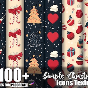 May include: A collection of Christmas-themed digital patterns. The patterns feature festive elements like gift boxes, candy canes, ornaments, and Christmas trees in red, white, and beige, with a dark blue background. Text reads "100+ Brushes for Procreate" and "Simple Christmas Icons Texture."