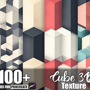 May include: Digital art graphic with four panels showcasing 3D cube textures in diverse colour schemes. The image includes the text "100+ BRUSHES FOR PROCREATE" and "Cube 3D Texture". The colour palettes feature shades of grey, beige, red, and teal.