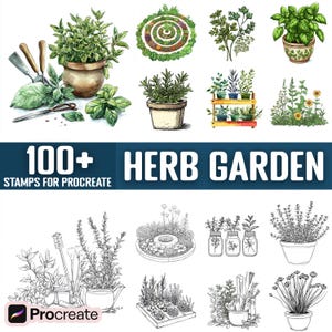 May include: A digital art collection featuring over 100 herb garden stamps for Procreate. The image showcases various potted herbs, garden tools, and detailed illustrations of different herb varieties, with the text "100+ HERB GARDEN STAMPS FOR PROCREATE".