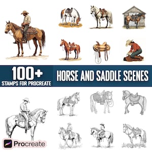 Puede incluir: Un conjunto de más de 100 sellos digitales para Procreate con ilustraciones de caballos y sillas de montar en varias poses y escenarios. Los sellos son perfectos para crear obras de arte, diseños e ilustraciones de temática western.