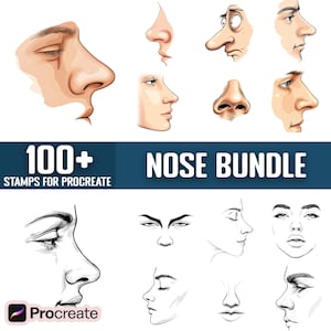 May include: A digital illustration set of 100+ nose shapes for Procreate, a drawing app. The set includes a variety of nose shapes, from realistic to cartoonish. The noses are drawn in both black and white and color.