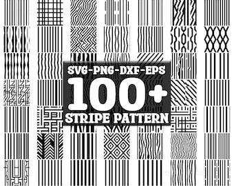 May include: A collection of over 100 black and white stripe patterns. The patterns are arranged in a grid and include various geometric shapes, wavy lines, and zigzags. The text "SVG-PNG-DXF-EPS 100+ Stripe Pattern" is displayed in the center of the image.