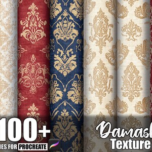 Puede incluir: Muestras de tela enrolladas con patrones de damasco en varios colores, incluyendo crema, rojo y azul marino. La imagen incluye el texto "100+ Brushes for Procreate" y "Damask Texture."