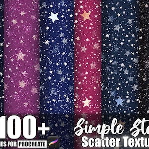 May include: A digital art product featuring a collection of star textures in various colors, including navy, purple, and burgundy. The image includes the text "100+ Brushes for Procreate" and "Simple Star Scatter Texture."