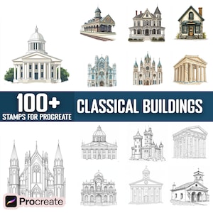 Puede incluir: Una colección de más de 100 sellos de edificios clásicos para Procreate. Los sellos presentan una variedad de estilos arquitectónicos, incluyendo iglesias, castillos y casas. Los sellos son perfectos para agregar un toque de historia y elegancia a tu arte digital.