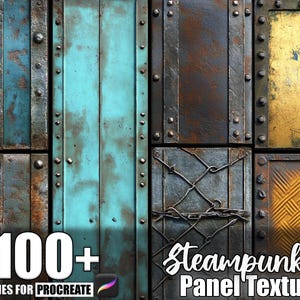 Puede incluir: Un gráfico de arte digital con varias texturas de paneles steampunk. Los paneles son en tonos de azul, marrón y dorado, con remaches visibles y efectos de metal envejecido. Se muestra el texto "100+ Brushes for Procreate" y "Steampunk Panel Texture".