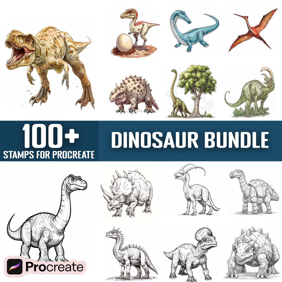 100+ Dinosaur Procreate Stamps, Brushes for Procreate, Instant Digital ...