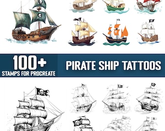 Puede incluir: Una colección de diseños de tatuajes de barcos piratas en varios estilos, incluyendo acuarela y arte lineal en blanco y negro. Los diseños presentan barcos con banderas de calaveras y huesos cruzados y velas ondeantes. Texto: "100+ Stamps for Procreate" y "Pirate Ship Tattoos."