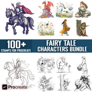 May include: A set of 100+ fairy tale character stamps for Procreate. The stamps feature a variety of characters, including a knight on a horse, a dragon, a unicorn, a mermaid, a fairy, a gnome, a giant, a witch, and a goblin. The stamps are perfect for creating your own fairy tale illustrations.