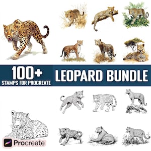 May include: A digital art bundle of 100+ leopard stamps for Procreate. The bundle includes a variety of leopard poses, including walking, running, lying down, and climbing. The stamps are in both color and black and white.