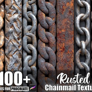 Puede incluir: Imagen digital con diversas texturas de cota de malla oxidada. La imagen incluye el texto "100+ Brushes for Procreate" y "Rusted Chainmail Texture". Las cadenas varían en color de plata a marrón, con óxido visible.