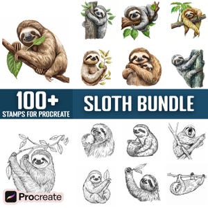 May include: A digital illustration set of 100+ sloth stamps for Procreate. The set includes both coloured and black and white illustrations of sloths in various poses, including hanging from branches, sleeping, and eating leaves. The illustrations are in a cartoon style and are perfect for adding a touch of whimsy to your digital art.