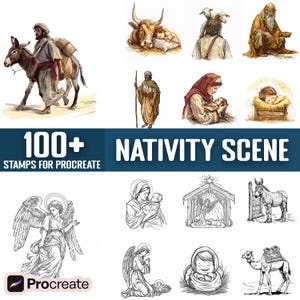 Op de afbeelding: Een set van meer dan 100 digitale stempels voor Procreate met illustraties van een kerststal. De stempels bevatten afbeeldingen van een ezel, een koe, een schaap, een herder, een baby in een kribbe, een engel en meer.