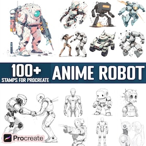 May include: 100+ Anime Robot Stamps for Procreate. A digital art stamp set featuring a variety of robot illustrations in black and white and color.