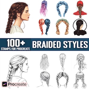 Puede incluir: Una ilustración digital de más de 100 estilos de trenzas para Procreate. La imagen muestra una variedad de trenzas, incluyendo trenzas francesas, trenzas holandesas, trenzas de cola de pez, y más. Las trenzas son de diferentes colores, incluyendo negro, marrón, rubio y rojo. La imagen también incluye el texto "100+ ESTILOS DE TRENZAS" y "SELLOS PARA PROCREATE".
