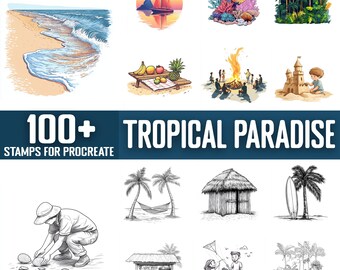 May include: A collection of digital stamps with a tropical paradise theme. The image features illustrations of a beach, sailboat, coral reef, jungle, picnic, campfire, sandcastle, palm trees, hammock, hut, surfboard, and family.