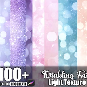 Könnte beinhalten: Digitalgrafik mit schimmernden Lichttexturen in Lila, Rosa und Blau. Das Bild enthält den Text "100+ Brushes for Procreate" und "Twinkling Fairy Light Texture."