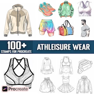 May include: 100+ Athleisure Wear Stamps for Procreate. A set of digital stamps featuring various clothing items, including jackets, shorts, tops, bags, and shoes. The stamps are designed for use in the Procreate app.