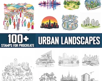 Más de 100 sellos y pinceles de paisajes urbanos para Procreate. Descarga digital instantánea.