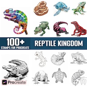 Può includere: Un set di oltre 100 timbri digitali che rappresentano vari rettili, tra cui un camaleonte, un alligatore, una tartaruga, un'iguana e una lucertola. I timbri sono progettati per essere utilizzati con l'app Procreate.