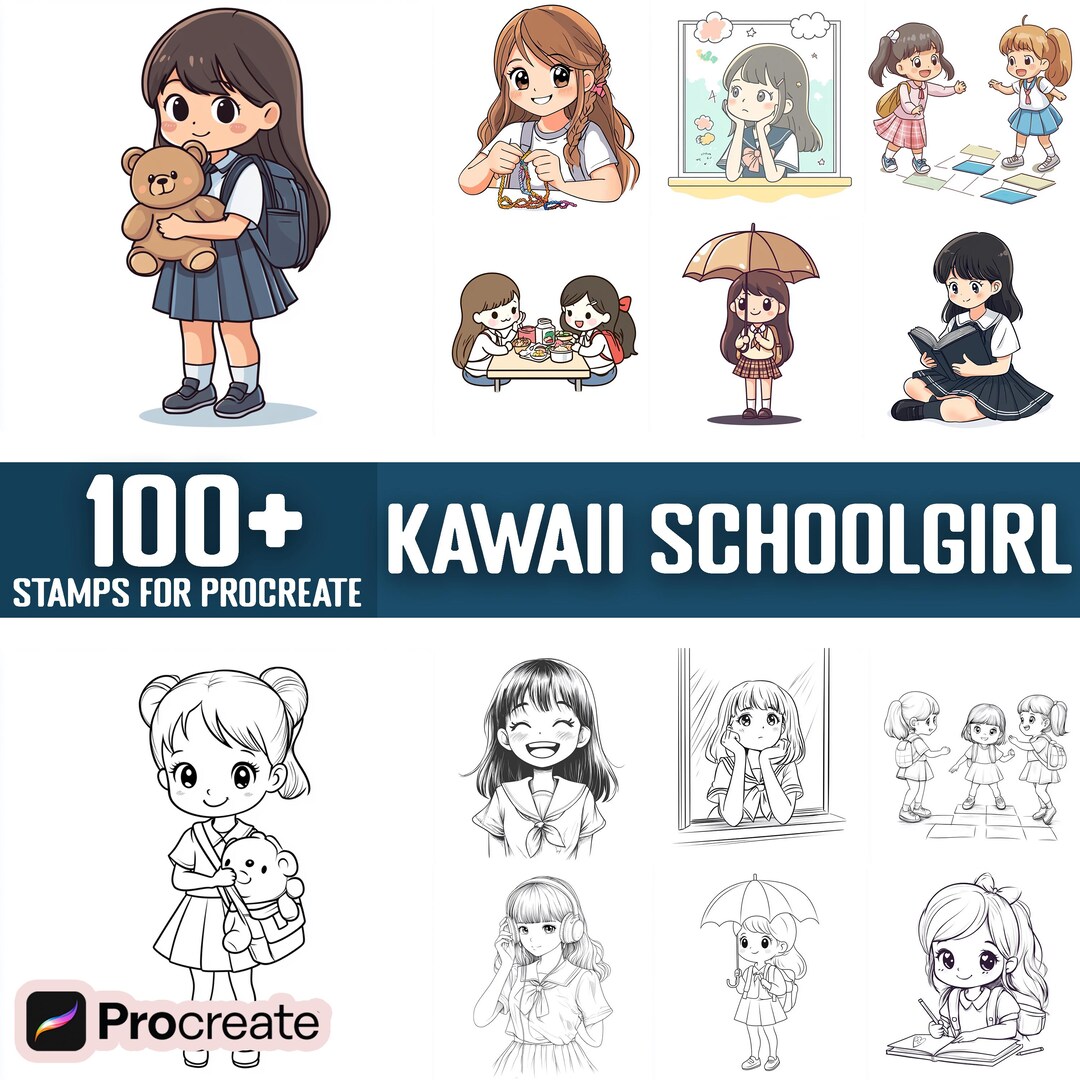 100+ Kawaii Schoolgirl Procreate Stamps, Brushes for Procreate, Instant ...