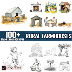 100+ Rural Farmhouses Procreate Stamps, Brushes for Procreate, Instant Digital Download