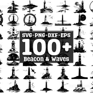 May include: A collection of 100+ black and white SVG, PNG, DXF, and EPS vector graphics featuring lighthouses and waves. The graphics are perfect for creating digital designs, crafts, and more.
