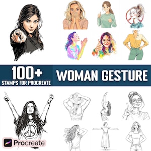 Op de afbeelding: 100+ Vrouwengestenstempels voor Procreate. Een verzameling digitale stempels met verschillende poses en gebaren van vrouwen. De stempels zijn ontworpen voor gebruik in de Procreate-app.