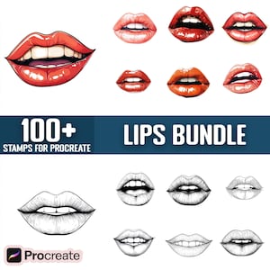 May include: A digital art bundle of 100+ lip stamps for Procreate. The image shows a variety of lip shapes and styles, including red, pink, and nude lips, as well as black and white line drawings.