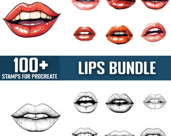 May include: A digital art bundle of 100+ lip stamps for Procreate. The image shows a variety of lip shapes and styles, including red, pink, and nude lips, as well as black and white line drawings.