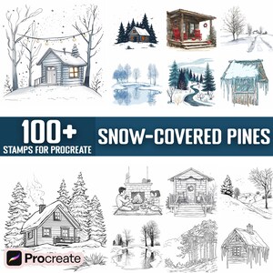 May include: A set of 100+ digital stamps for Procreate featuring snow-covered pine trees, cabins, and winter scenes. The stamps are black and white line drawings with a hand-drawn style.