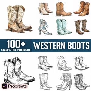 Puede incluir: Un conjunto de más de 100 ilustraciones de botas vaqueras para Procreate. Las ilustraciones incluyen una variedad de estilos, colores y diseños, incluyendo botas de vaquero, botines y botas de tacón. Las ilustraciones son perfectas para crear arte digital, scrapbooking y otros proyectos creativos.