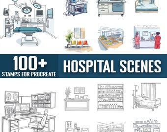 Más de 100 sellos y pinceles de Procreate con escenas de hospital. Descarga digital instantánea.