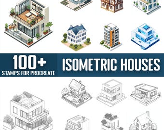100+ Isometric House Procreate Stamps, Brushes for Procreate, Instant Digital Download