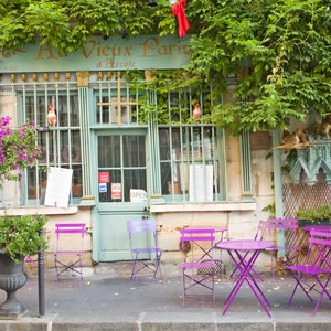 Paris Photography - Paris cafe, Paris kitchen art, French home decor, floral, Living room art, Paris print, purple, Fine Art Print