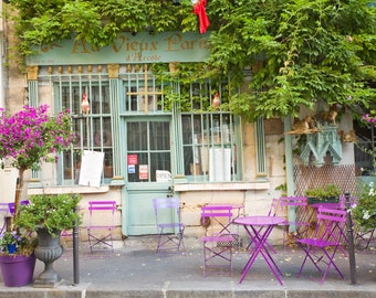 Parisfotografi - Paris café, Paris kökskonst, fransk heminredning, blommig, Vardagsrumskonst, Paristryck, lila, Konsttryck